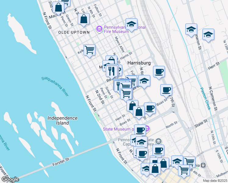 map of restaurants, bars, coffee shops, grocery stores, and more near 1327 Susquehanna Street in Harrisburg