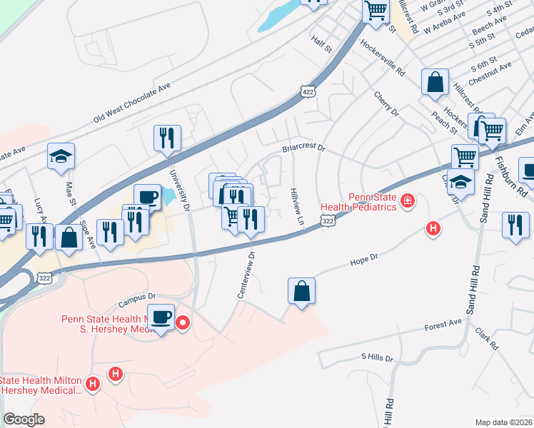 map of restaurants, bars, coffee shops, grocery stores, and more near 256 Crescent Drive in Hershey