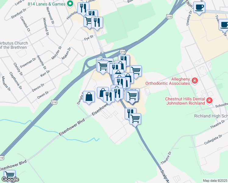 map of restaurants, bars, coffee shops, grocery stores, and more near 1451 Scalp Avenue in Johnstown