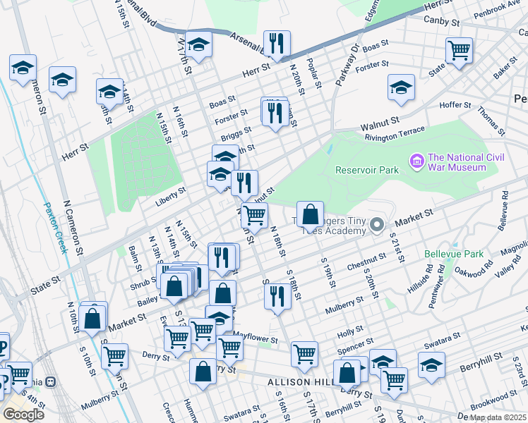 map of restaurants, bars, coffee shops, grocery stores, and more near 84 North 18th Street in Harrisburg