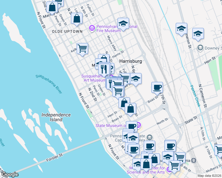 map of restaurants, bars, coffee shops, grocery stores, and more near 1327 Susquehanna Street in Harrisburg