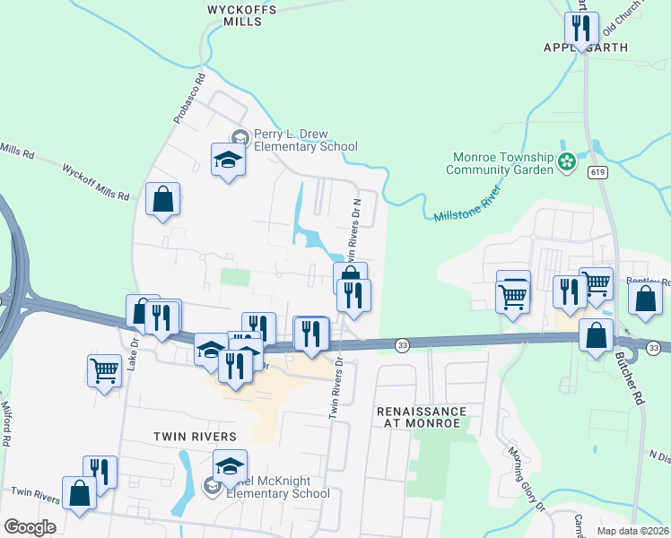 map of restaurants, bars, coffee shops, grocery stores, and more near 714 Twin Rivers Drive North in East Windsor