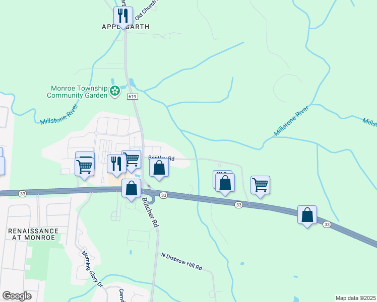 map of restaurants, bars, coffee shops, grocery stores, and more near 41 Bentley Road in Monroe Township
