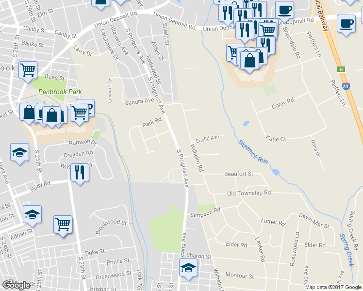map of restaurants, bars, coffee shops, grocery stores, and more near 916 South Progress Avenue in Harrisburg
