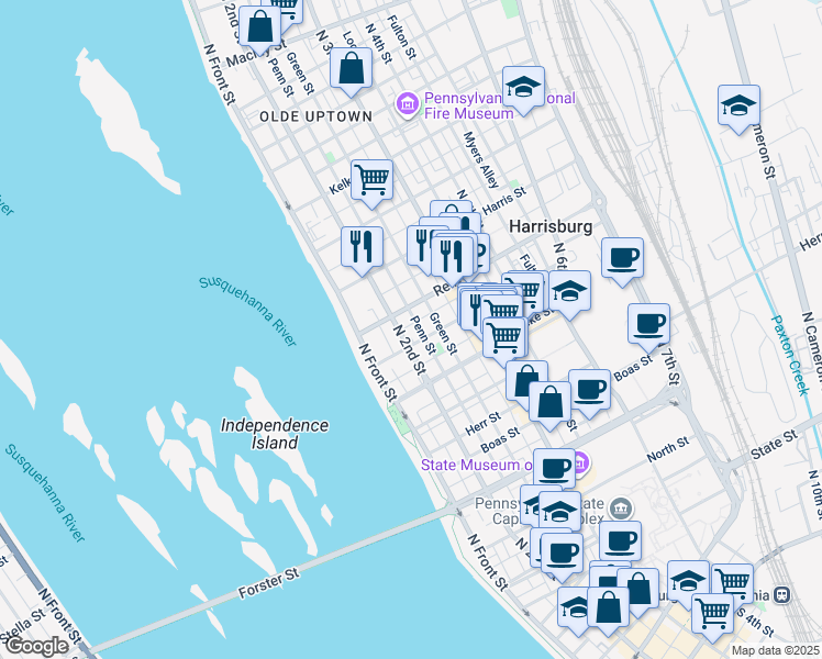 map of restaurants, bars, coffee shops, grocery stores, and more near 1416 Green Street in Harrisburg