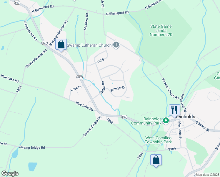map of restaurants, bars, coffee shops, grocery stores, and more near Village Road in Strasburg