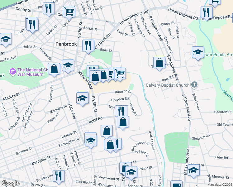 map of restaurants, bars, coffee shops, grocery stores, and more near 2962 Rumson Drive in Harrisburg