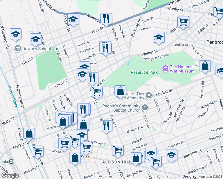 map of restaurants, bars, coffee shops, grocery stores, and more near 1829 Whitehall Street in Harrisburg