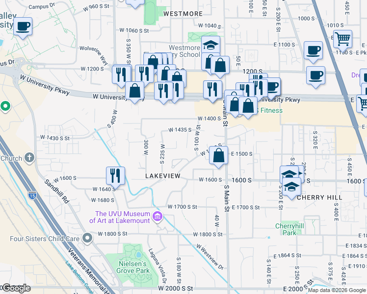 map of restaurants, bars, coffee shops, grocery stores, and more near 1490 South 135 West in Orem