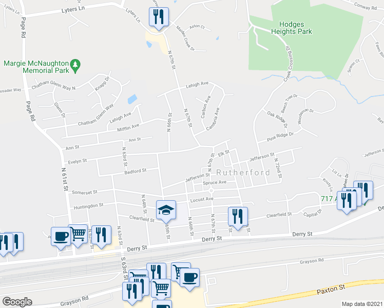 map of restaurants, bars, coffee shops, grocery stores, and more near 6635 Evelyn Street in Harrisburg