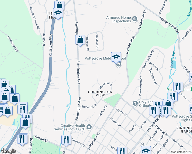 map of restaurants, bars, coffee shops, grocery stores, and more near 129 Sageview Drive in Pottstown