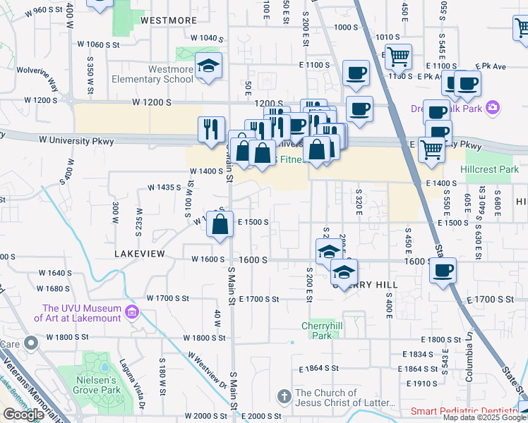 map of restaurants, bars, coffee shops, grocery stores, and more near 1481 South 100 East Street in Orem