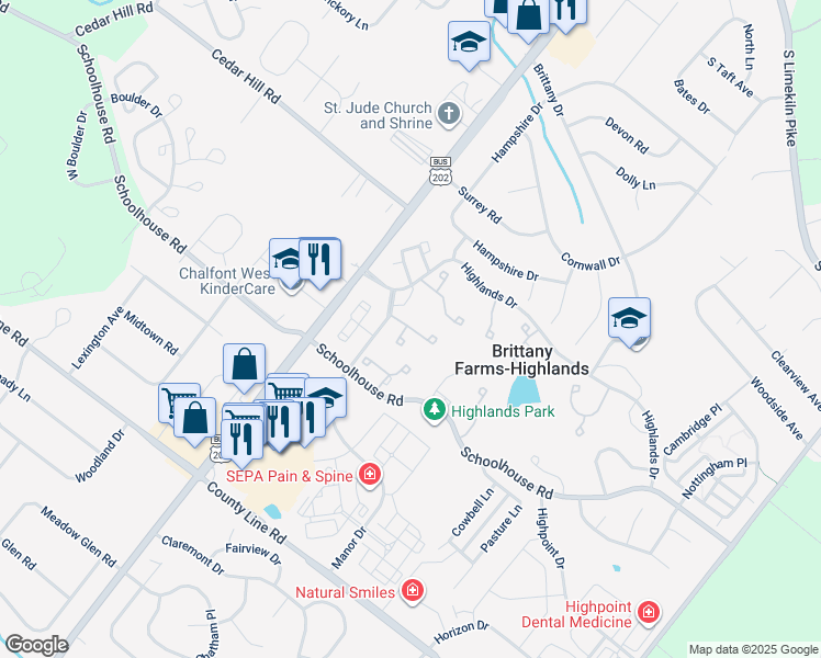map of restaurants, bars, coffee shops, grocery stores, and more near 67 Applecross Circle in Chalfont