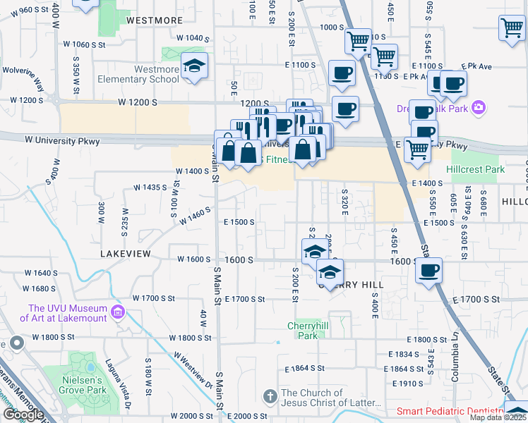 map of restaurants, bars, coffee shops, grocery stores, and more near 152 East 1460 South in Orem