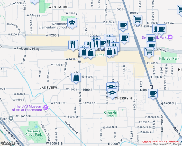 map of restaurants, bars, coffee shops, grocery stores, and more near 1481 South 100 East Street in Orem
