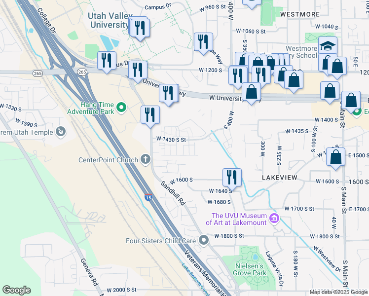 map of restaurants, bars, coffee shops, grocery stores, and more near 577 West 1430 South Street in Orem