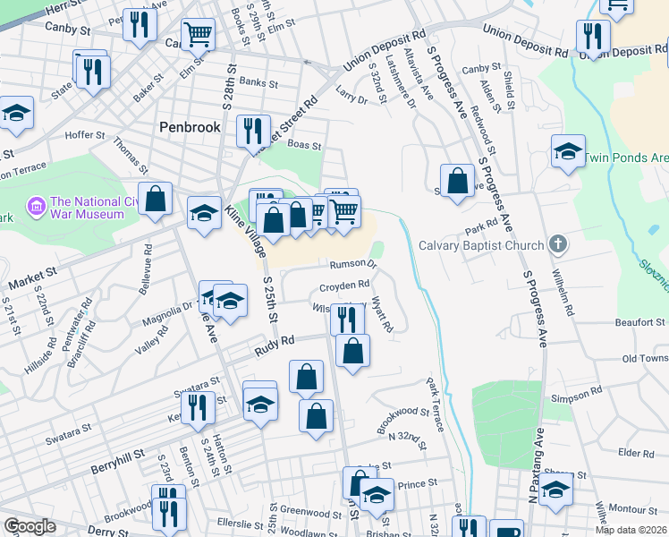 map of restaurants, bars, coffee shops, grocery stores, and more near 2962 Rumson Drive in Harrisburg