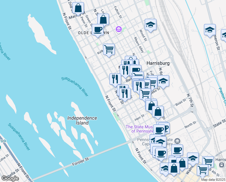 map of restaurants, bars, coffee shops, grocery stores, and more near 1500 North 2nd Street in Harrisburg