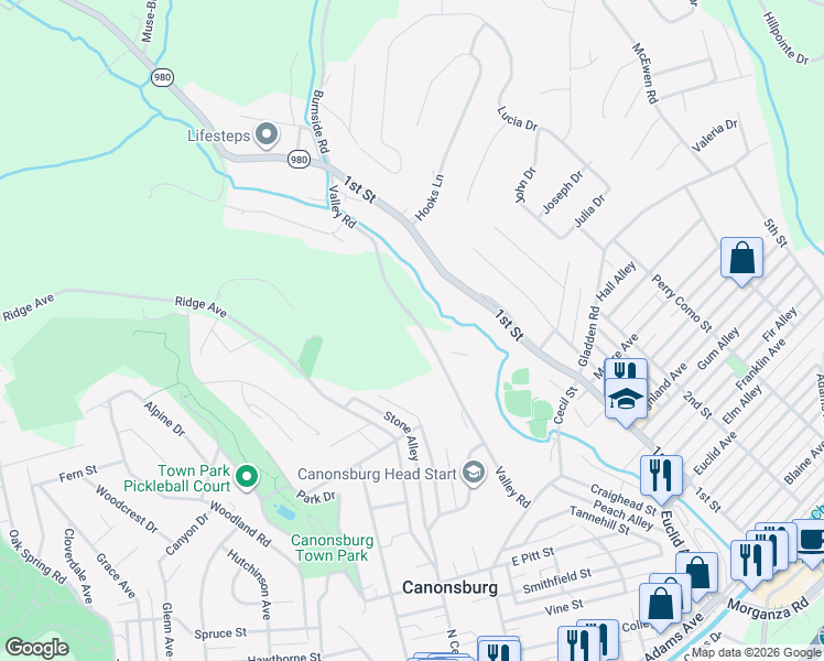 map of restaurants, bars, coffee shops, grocery stores, and more near 237 Valley Road in Canonsburg