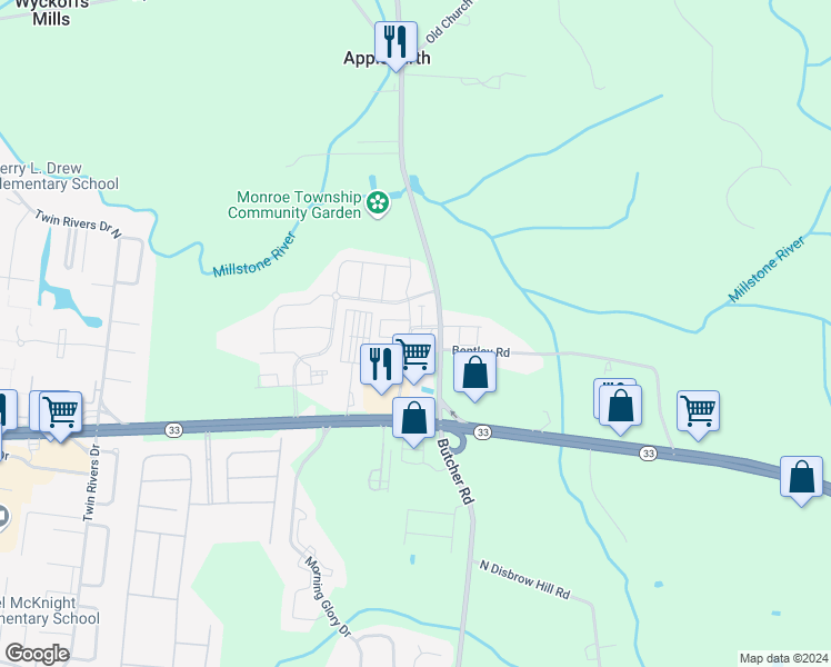 map of restaurants, bars, coffee shops, grocery stores, and more near 2201 Massey Lane in Monroe Township