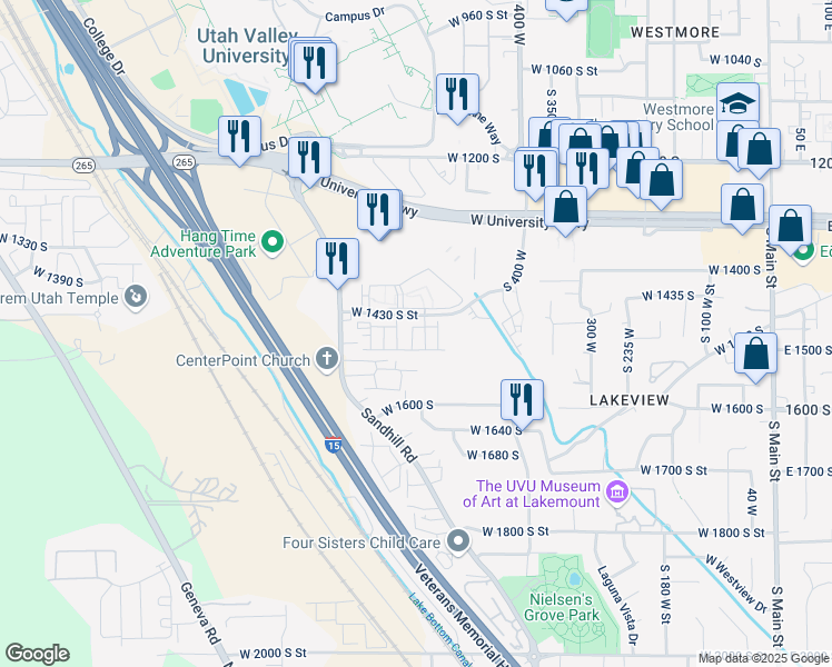 map of restaurants, bars, coffee shops, grocery stores, and more near 577 West 1430 South Street in Orem