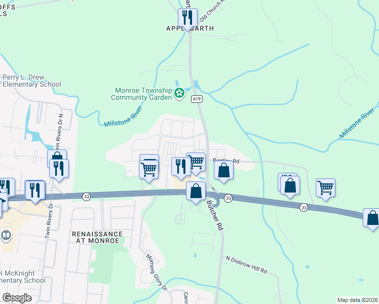 map of restaurants, bars, coffee shops, grocery stores, and more near 2201 Massey Lane in Monroe Township