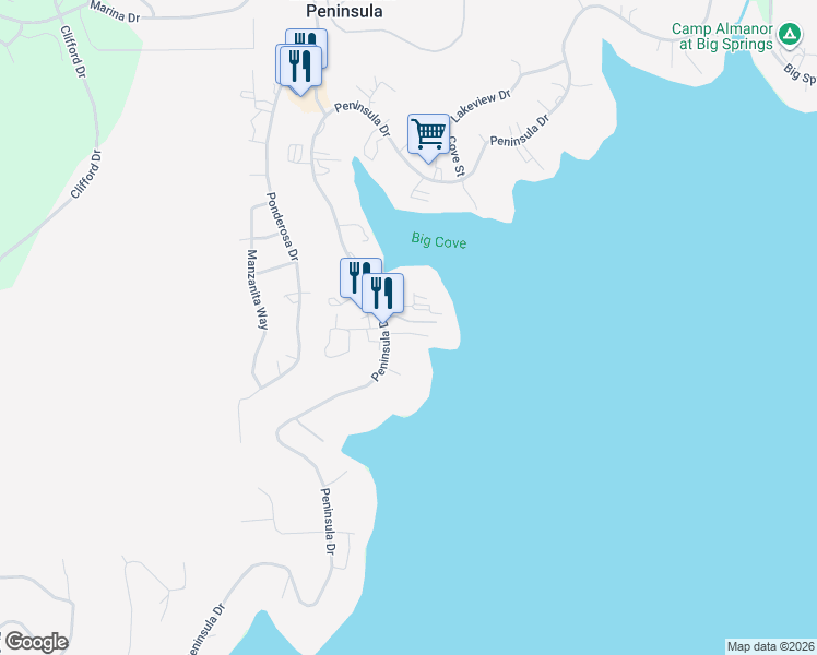 map of restaurants, bars, coffee shops, grocery stores, and more near 458 Peninsula Drive in Westwood