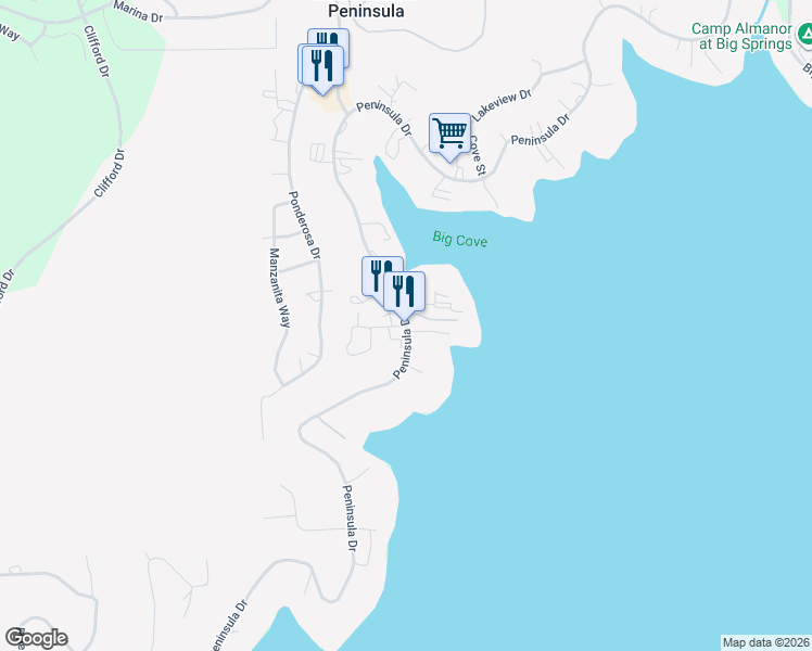 map of restaurants, bars, coffee shops, grocery stores, and more near Peninsula Drive & Firehall Road in Westwood