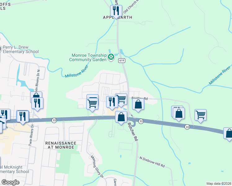map of restaurants, bars, coffee shops, grocery stores, and more near 2201 Massey Lane in Monroe Township