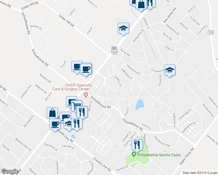 map of restaurants, bars, coffee shops, grocery stores, and more near 86 Queens Circle in Chalfont