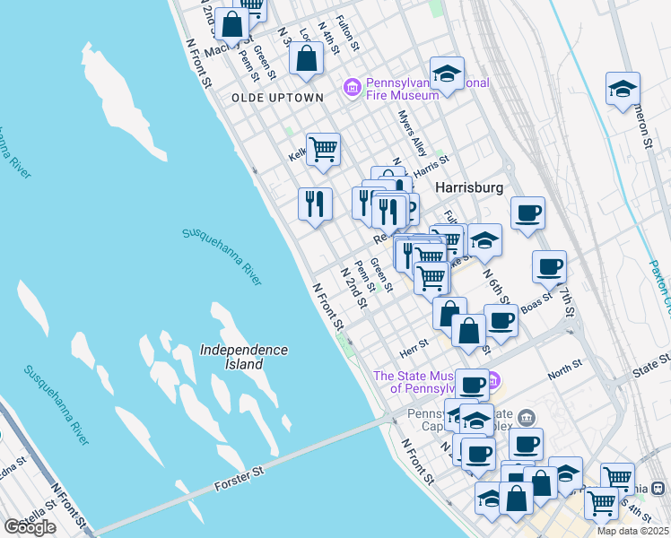 map of restaurants, bars, coffee shops, grocery stores, and more near 1500 North 2nd Street in Harrisburg
