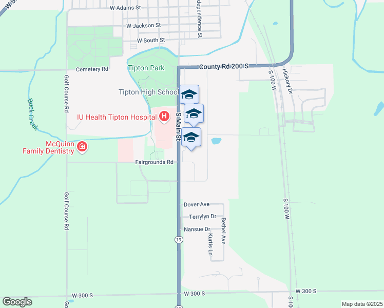 map of restaurants, bars, coffee shops, grocery stores, and more near 1099 South Main Street in Tipton