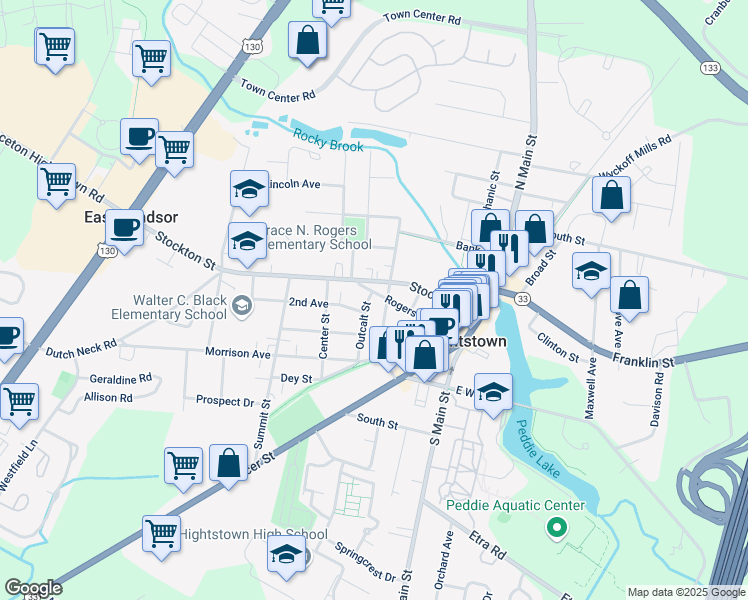 map of restaurants, bars, coffee shops, grocery stores, and more near 213 Rogers Avenue in Hightstown