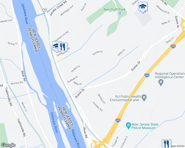 map of restaurants, bars, coffee shops, grocery stores, and more near 18 Willis Drive in Ewing Township