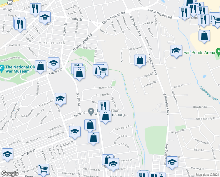 map of restaurants, bars, coffee shops, grocery stores, and more near 2991 Rumson Drive in Harrisburg
