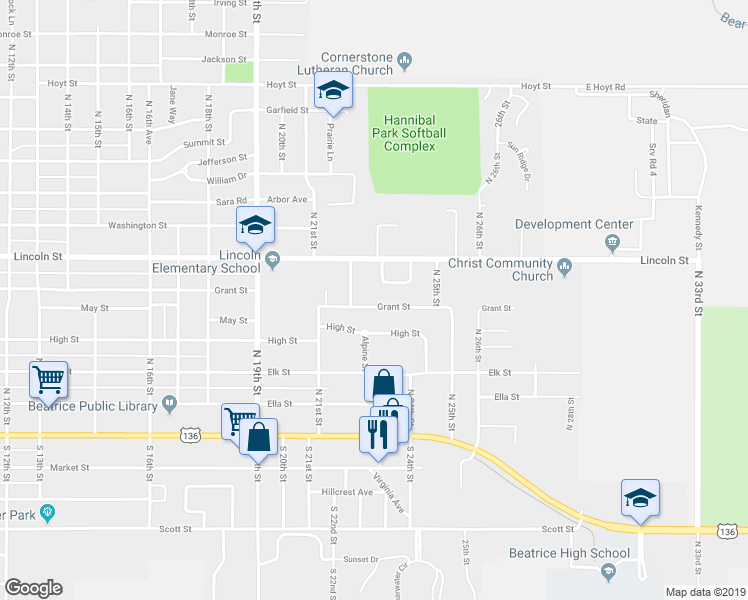 map of restaurants, bars, coffee shops, grocery stores, and more near 2300 Grant Street in Beatrice