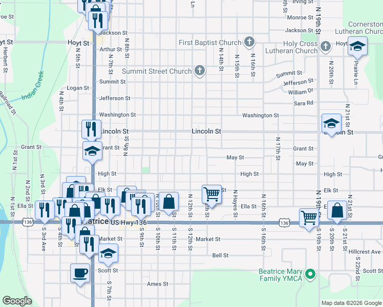 map of restaurants, bars, coffee shops, grocery stores, and more near 400 North 12th Street in Beatrice
