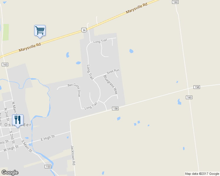 map of restaurants, bars, coffee shops, grocery stores, and more near 231 Bluegrass Way in Ostrander