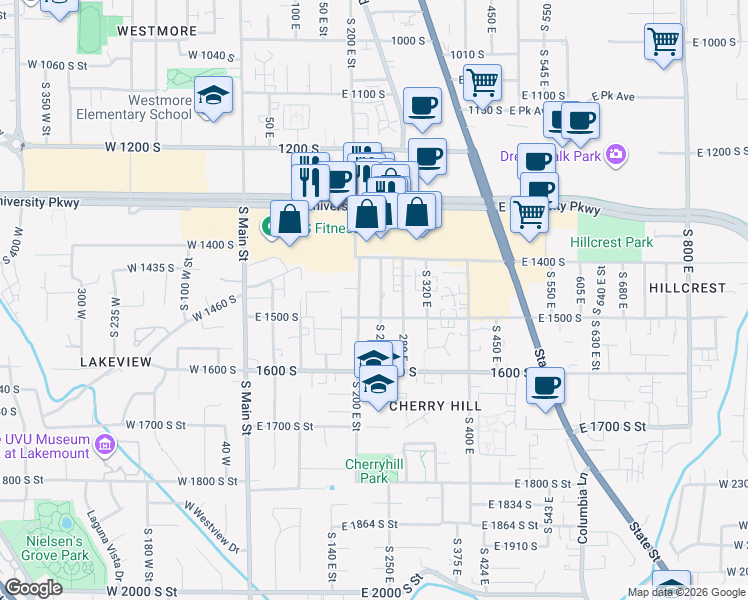 map of restaurants, bars, coffee shops, grocery stores, and more near 1459 200 East in Orem