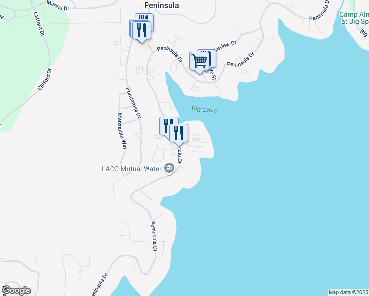 map of restaurants, bars, coffee shops, grocery stores, and more near 454 Peninsula Drive in Westwood