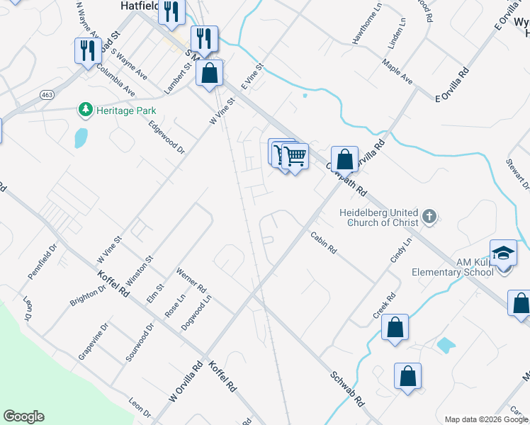 map of restaurants, bars, coffee shops, grocery stores, and more near 1527 Emily Court in Hatfield