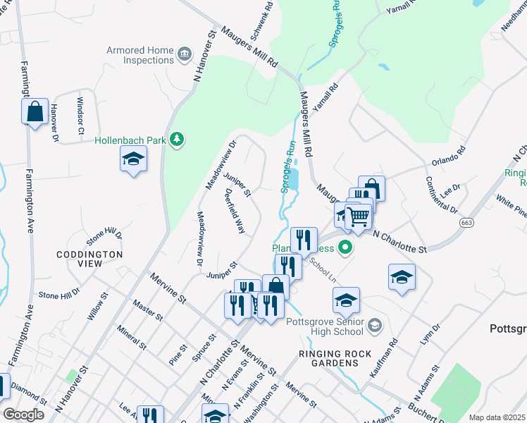 map of restaurants, bars, coffee shops, grocery stores, and more near 1388 Juniper Street in Pottstown