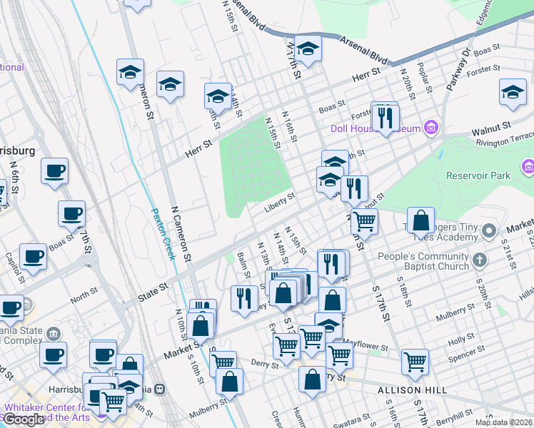map of restaurants, bars, coffee shops, grocery stores, and more near 1355 Liberty Street in Harrisburg