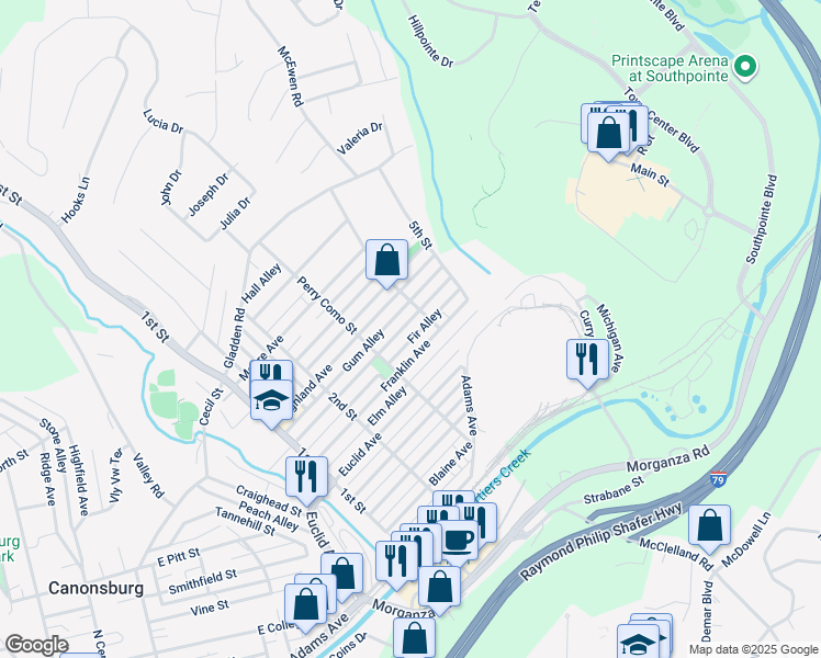 map of restaurants, bars, coffee shops, grocery stores, and more near 626 Giffin Avenue in Canonsburg