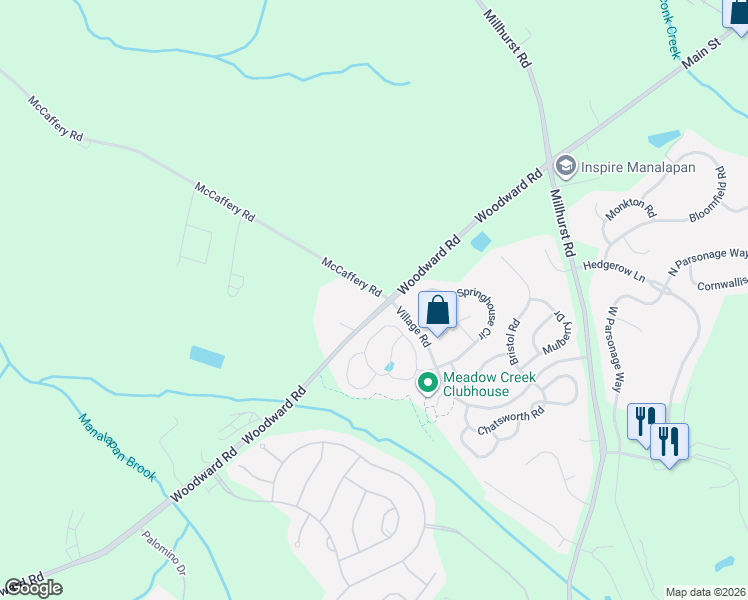 map of restaurants, bars, coffee shops, grocery stores, and more near 3 McCaffery Road in Manalapan Township