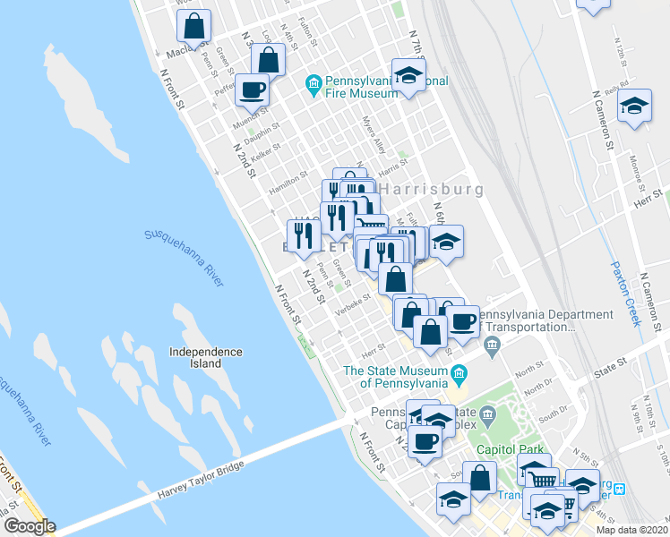 map of restaurants, bars, coffee shops, grocery stores, and more near 1406 Green Street in Harrisburg