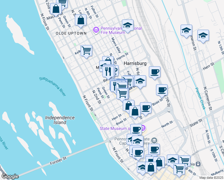 map of restaurants, bars, coffee shops, grocery stores, and more near 1327 Susquehanna Street in Harrisburg