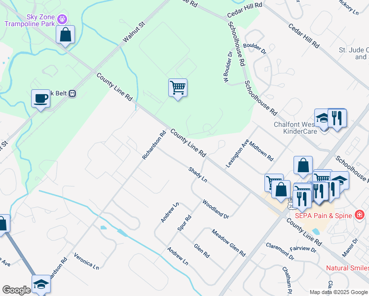 map of restaurants, bars, coffee shops, grocery stores, and more near 108 County Line Rd in Lansdale