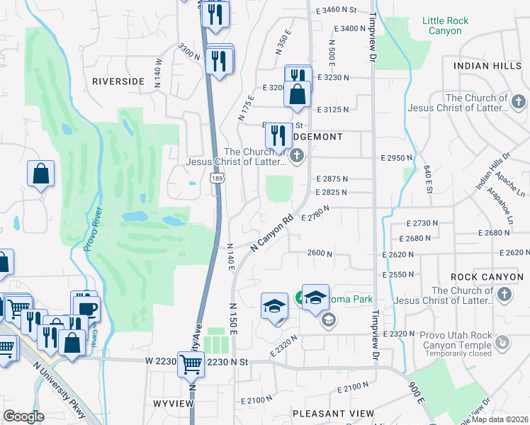 map of restaurants, bars, coffee shops, grocery stores, and more near 2734 Edgewood Drive in Provo