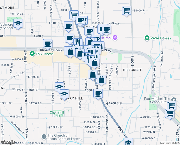 map of restaurants, bars, coffee shops, grocery stores, and more near 1448 State Street in Orem